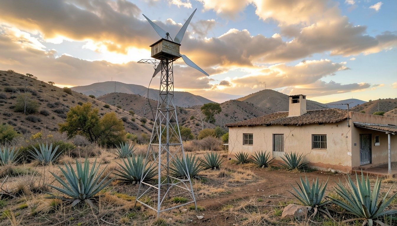 Aerogenerador sobre una torre junto a una casa rural argentina