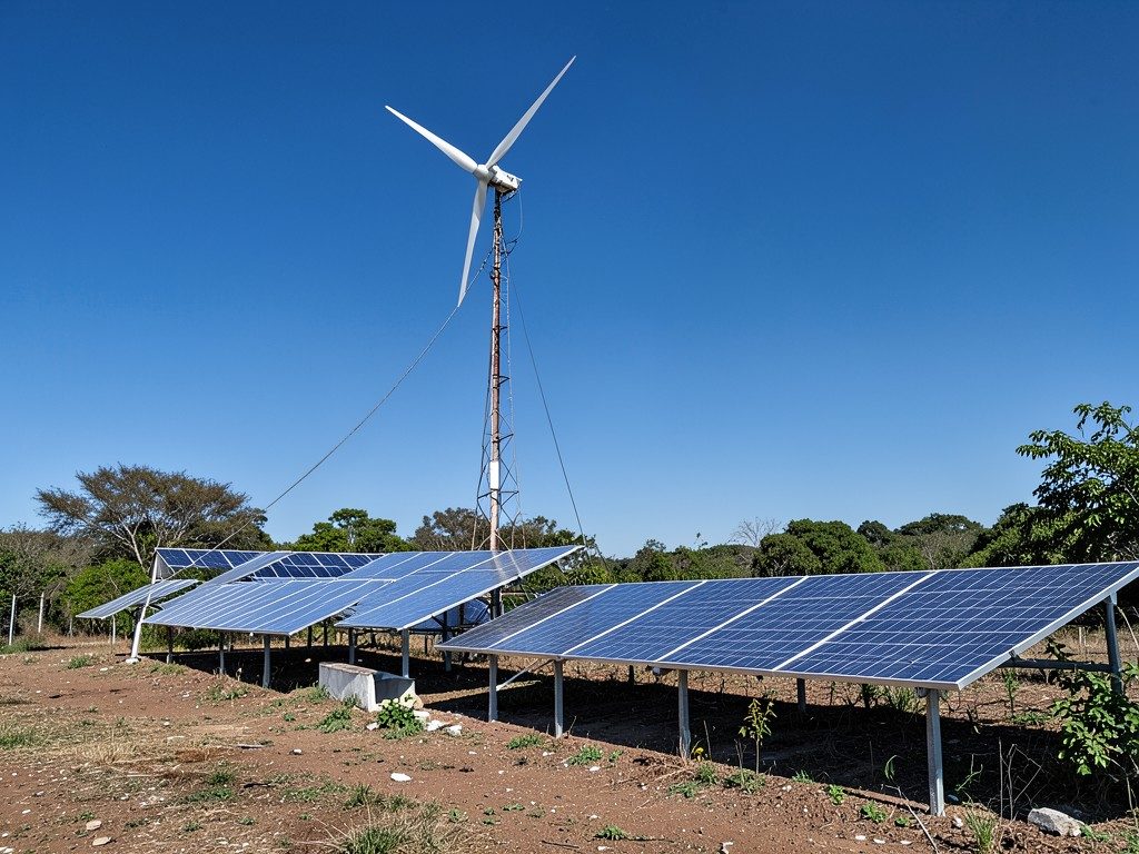 Aerogenerador y paneles solares instalados juntos en un sistema híbrido