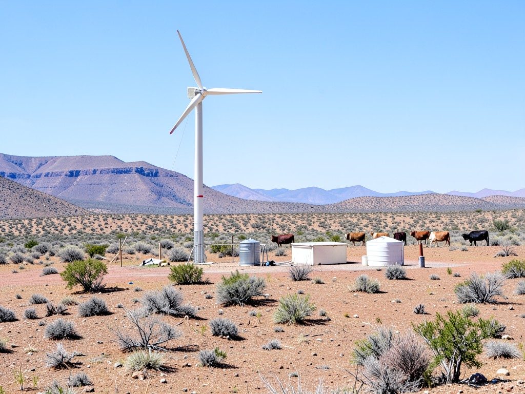 Campo remoto con aerogenerador y tanque de agua
