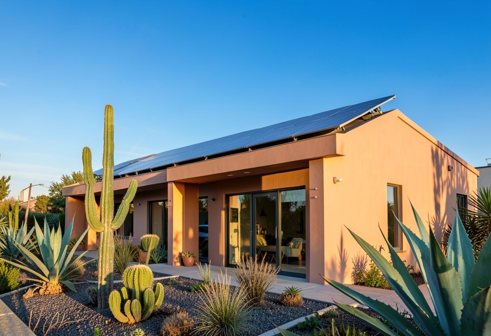 Casa con paneles solares en el techo al amanecer